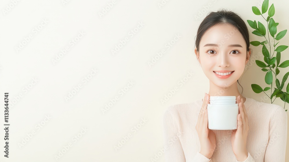 Smiling woman holding a skincare jar indoors Smiling woman holding a skincare jar indoors