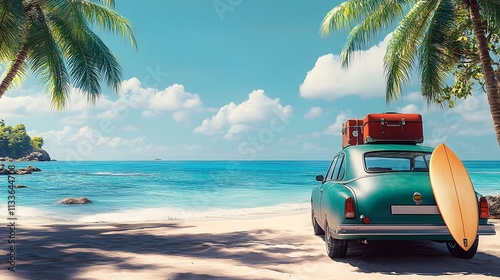 A car with luggage and a surfboard is parked on the beach