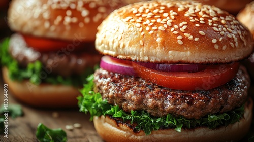 Juicy Grilled Hamburger with Fresh Vegetables and Sesame Seed Bun Perfect for Summer Barbecues, Picnics, and Food Photography Projects