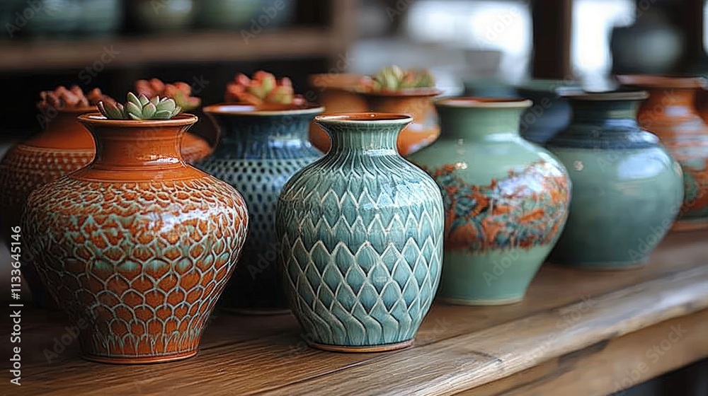 Ornate vases, succulents, wooden surface. Ornate vases, succulents, wooden surface.