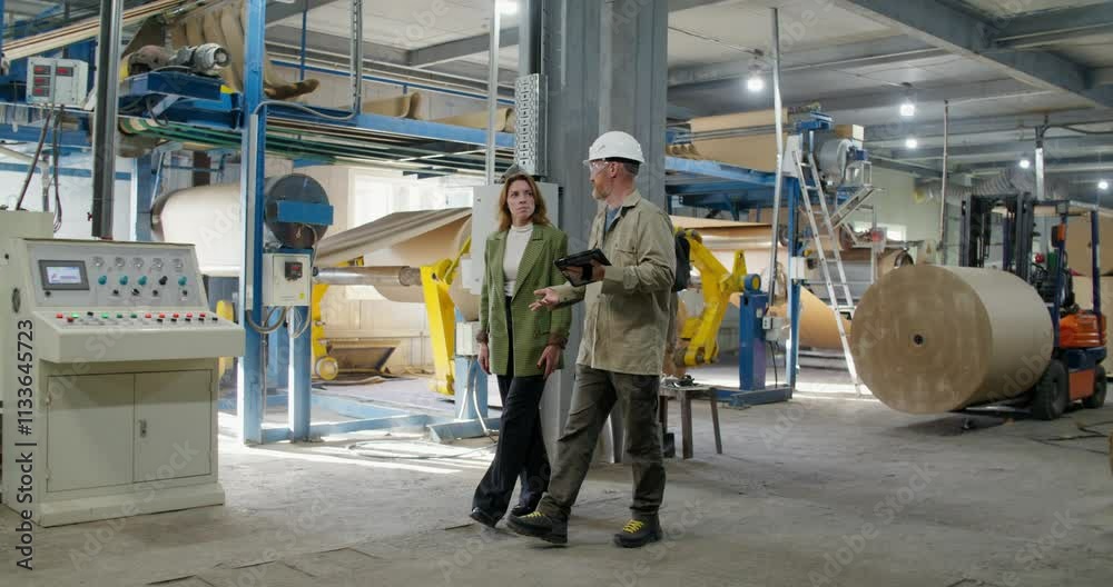 The boss scolds a paper mill worker, they walk around the workshop. A man holds a tablet in his hand