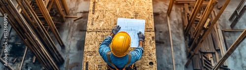 Construction worker on site, house building from blueprints, construction project progress, professional construction plans and tools photo