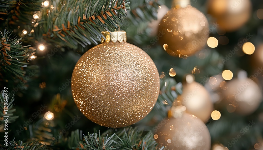 Golden ornaments on a Christmas tree, fir branches with bokeh lights, sparkling glittering background, magical holiday atmosphere Golden ornaments on a Christmas tree, fir branches with bokeh lights, sparkling glittering background, magical holiday atmosphere