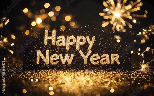 New Year 2025 with golden sparklers, fireworks in the sky, glowing sparkling background, creative billboard with festive Happy New Year text photo