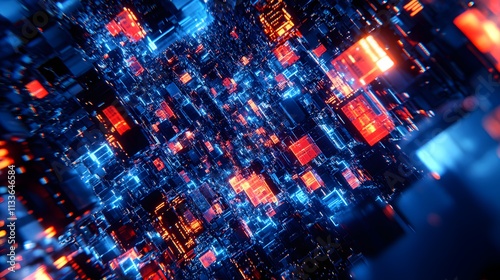 Abstract digital landscape with glowing cubes and intricate network.