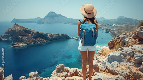 A woman with a backpack stands on a mountain overlooking the ocean