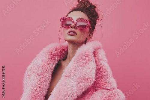 Fashion model showcases chic fur coat against a vibrant pink background in an urban setting photo