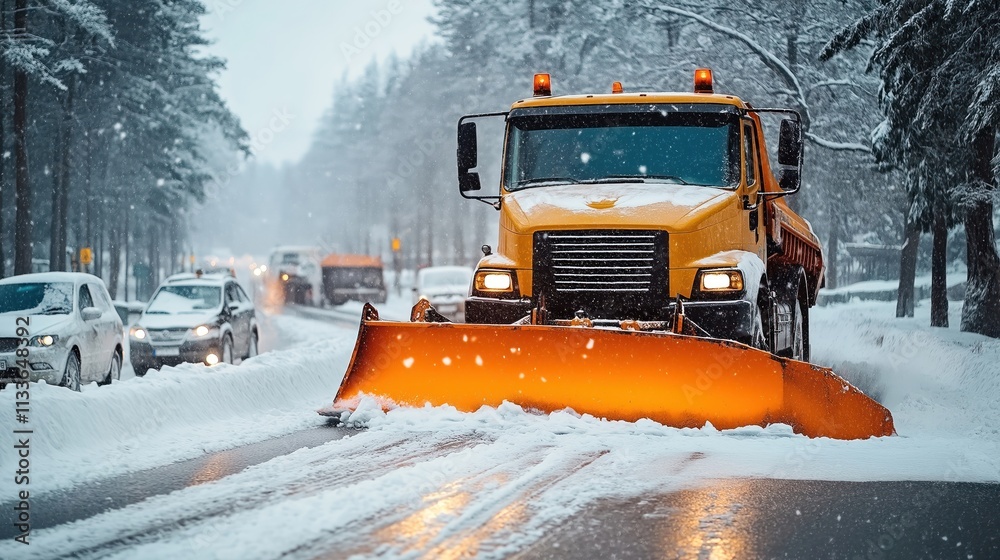 Yellow snowplow truck efficiently clears snow from road in winter. Vehicles drive around plow. Snowy urban street scene. Winter maintenance important for safety. Drivers, pedestrians benefit from Yellow snowplow truck efficiently clears snow from road in winter. Vehicles drive around plow. Snowy urban street scene. Winter maintenance important for safety. Drivers, pedestrians benefit from