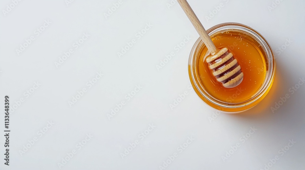 Enjoying fresh honey in a glass jar with a wooden dipper on a simple white background Enjoying fresh honey in a glass jar with a wooden dipper on a simple white background