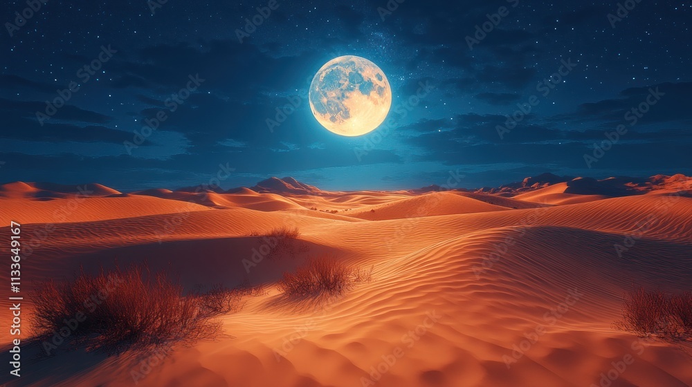 Desert landscape at night under a full moon. Desert landscape at night under a full moon.