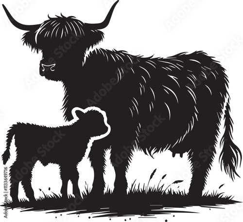 A Highland Cow silhouette with a baby calf nearby vector