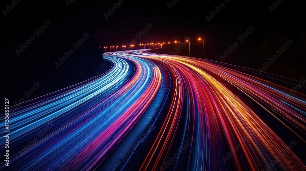 Abstract photo of highway at night. Light trails show fast vehicle movement. Colorful light streaks create dynamic design. Modern tech concept. High speed, data transfer implied. Suitable for speed Abstract photo of highway at night. Light trails show fast vehicle movement. Colorful light streaks create dynamic design. Modern tech concept. High speed, data transfer implied. Suitable for speed