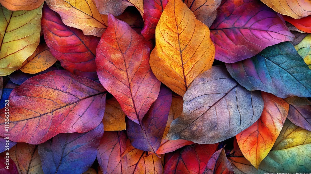 40.A dense pile of fallen autumn leaves, dried and slightly curled, with vivid autumnal colors; close-up captures the natural beauty of leaf veins and rough textures, creating an earthy, warm