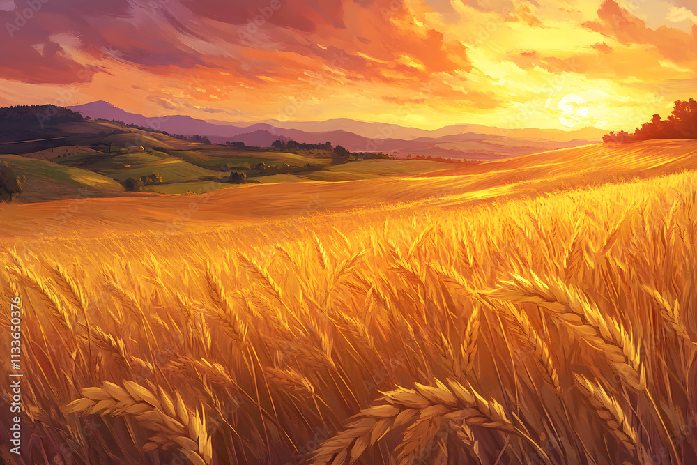 Golden wheat fields stretching to the horizon, illuminated by the warm, soft light of the setting sun Golden wheat fields stretching to the horizon, illuminated by the warm, soft light of the setting sun
