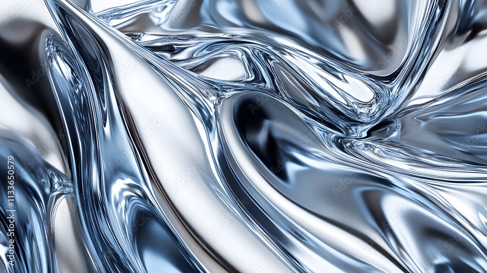 Abstract silver liquid metal flowing, shiny, reflective, dynamic background.