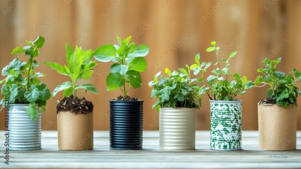 57.A series of seedlings in various DIY recycled planters, including cut plastic bottles, old cans, and cardboard; each plant shows lush green leaves, with the background kept simple for a clean 57.A series of seedlings in various DIY recycled planters, including cut plastic bottles, old cans, and cardboard; each plant shows lush green leaves, with the background kept simple for a clean