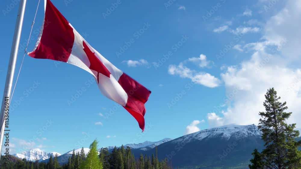 Close up of National Flag of Canada with trees and snow-capped mountains in the background.