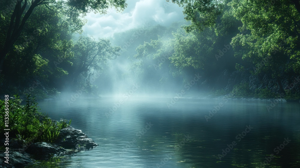 Misty river flows through serene, green forest. Misty river flows through serene, green forest.