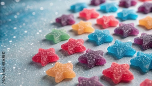 An overhead view of an array of small starshaped gummies arranged like a galaxy with each star in a rich spectrum of colorsfrom vivid pinks to electric blues. The background photo