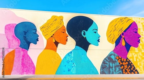 Colorful mural on city wall celebrates Black history. Important figures from African, diaspora history featured in bright colors. Artwork represents unity, strength. Public art project. Urban photo