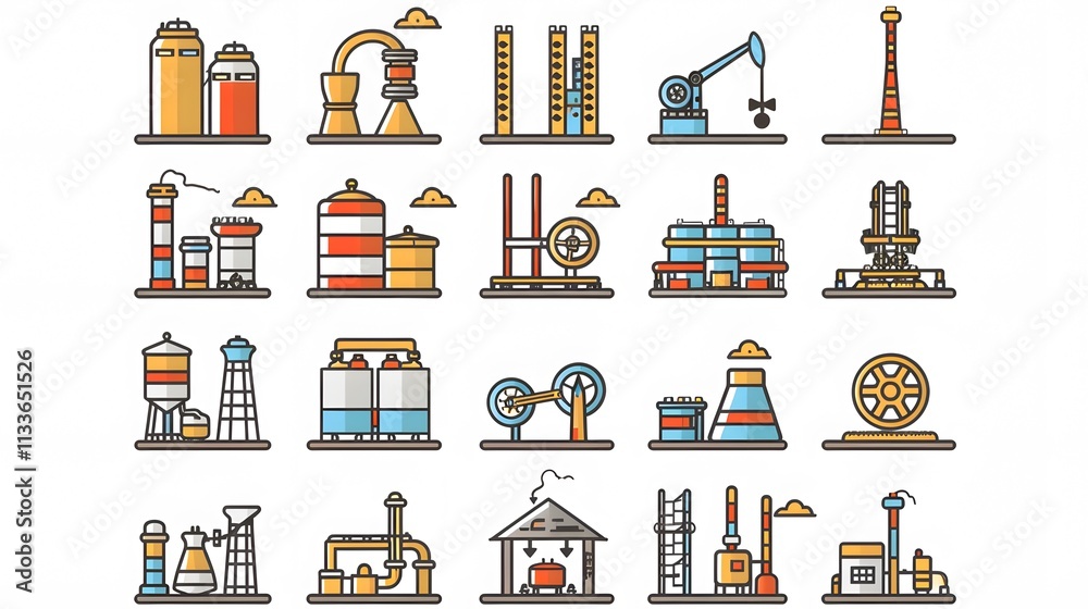 Set of 24 industrial factory icons with outline style. Set of 24 industrial factory icons with outline style.