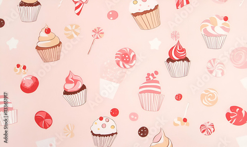 A playful pattern featuring various desserts and candies on a pink background.