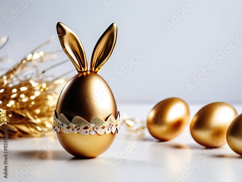 Elegant golden Easter egg decorated with bunny ears and floral diamond accents photo