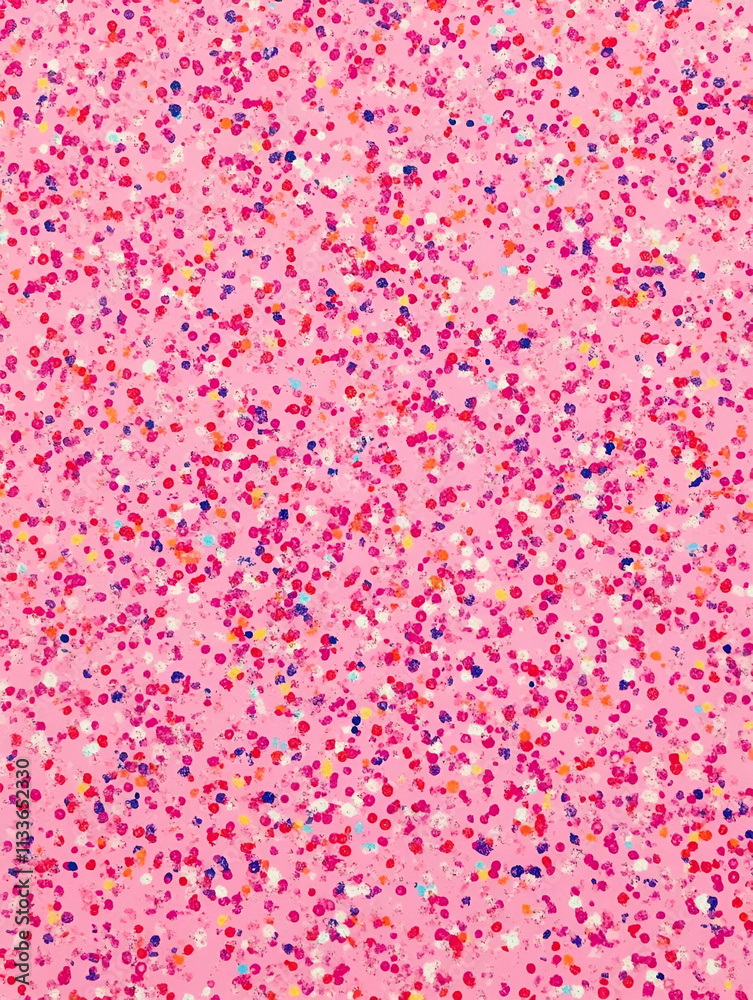 A vibrant pink background sprinkled with colorful confetti-like dots. A vibrant pink background sprinkled with colorful confetti-like dots.