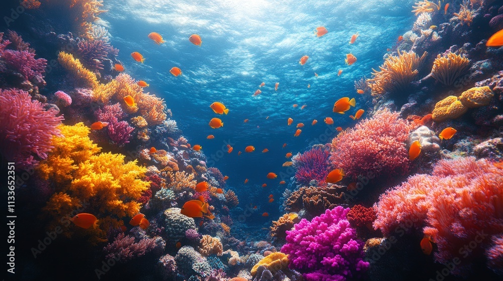 Naklejka premium Vibrant coral reef teeming with orange fish.