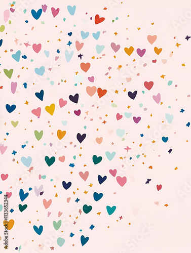 A whimsical pattern of colorful hearts and stars on a soft pink background.