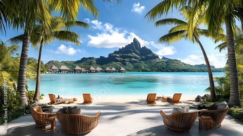 Chairs and tables sit on the beach with a mountain behind
