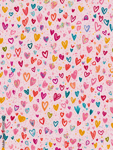 A colorful pattern of hearts on a pink background, ideal for festive or romantic themes.