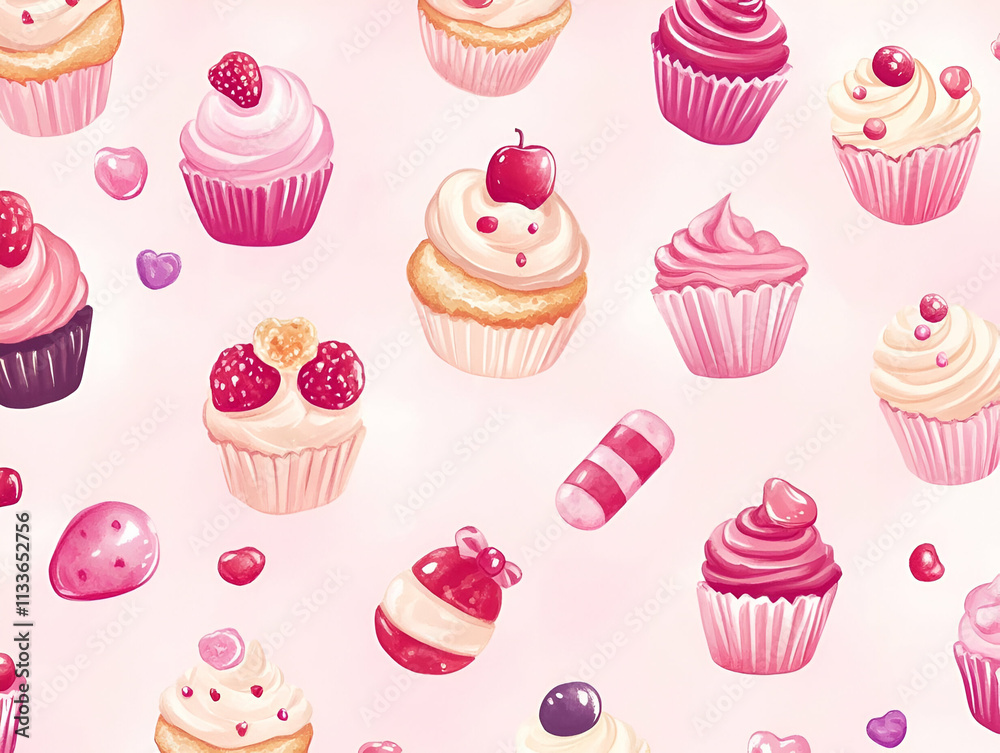 A colorful pattern featuring various cupcakes and candies on a pink background. A colorful pattern featuring various cupcakes and candies on a pink background.
