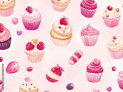 A colorful pattern featuring various cupcakes and candies on a pink background.