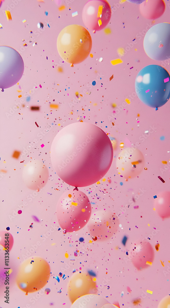 A festive scene with colorful balloons and confetti against a pink background. A festive scene with colorful balloons and confetti against a pink background.