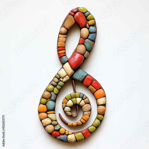 Colorful rock treble clef design on a white isolated background.