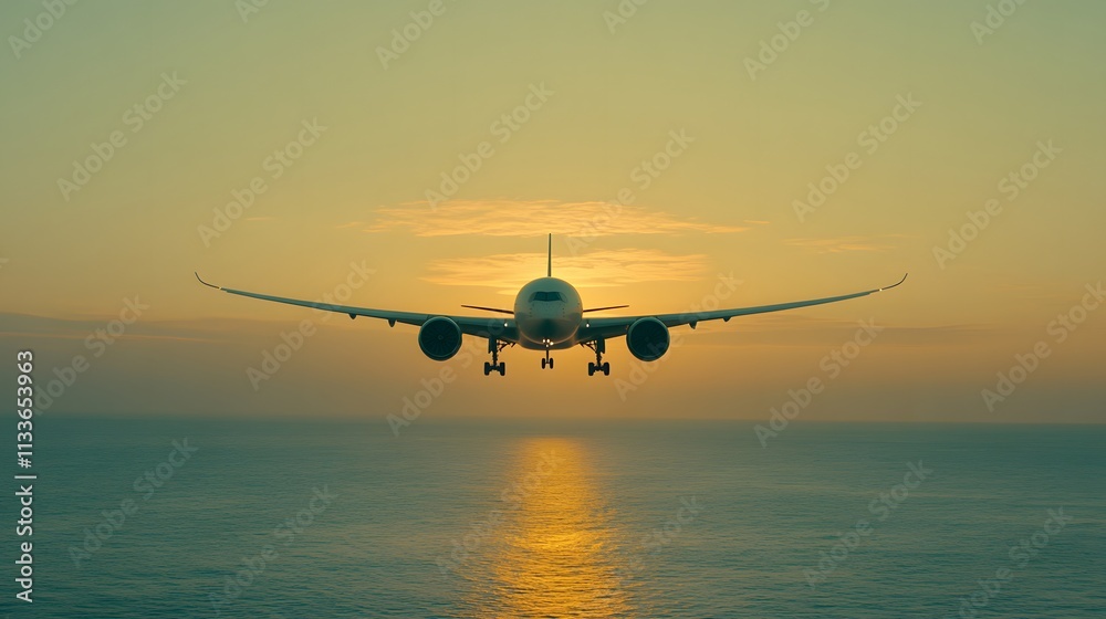 Airplane descending over ocean at sunset. Airplane descending over ocean at sunset.