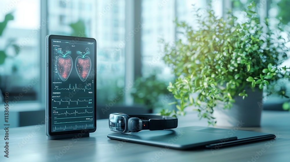 A photograph of an advanced wearable health device on a table paired with a holographic virtual twin showing a real time simulation of cardiovascular health leaving copy space on the right A photograph of an advanced wearable health device on a table paired with a holographic virtual twin showing a real time simulation of cardiovascular health leaving copy space on the right