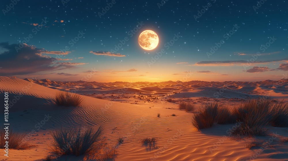 Sunset over sand dunes in desert with full moon and stars. Sunset over sand dunes in desert with full moon and stars.