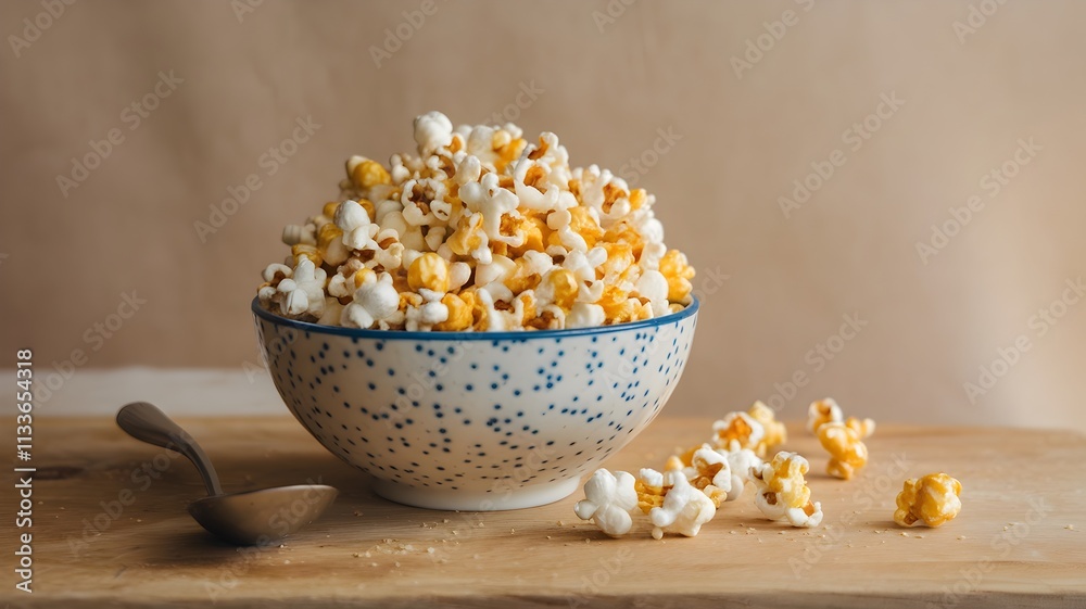 Salted caramel popcorn with spoon on wooden table Salted caramel popcorn with spoon on wooden table