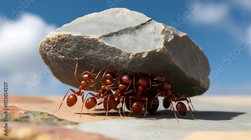 Realistic photo of a group of ants working together to lift a large rock, demonstrating teamwork and collaboration (15)