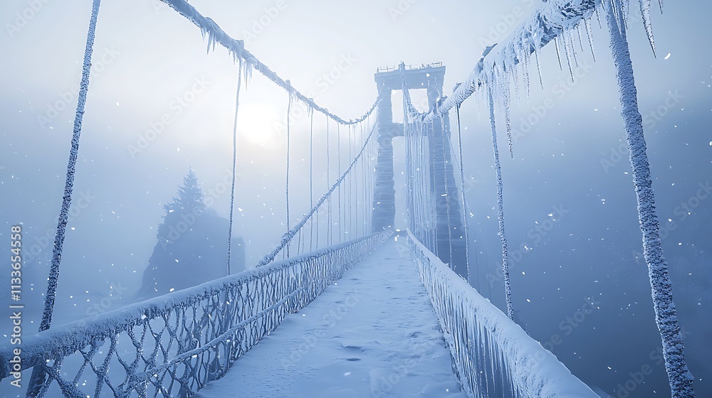 Obraz premium Icy icicle bridge in winter wilderness solitude captured in a snowy landscape