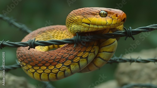 abstract double exposure showing a snake intertwined with barbed wire, suggesting both entrapment and danger. [Poisonous snake]:[Danger] 