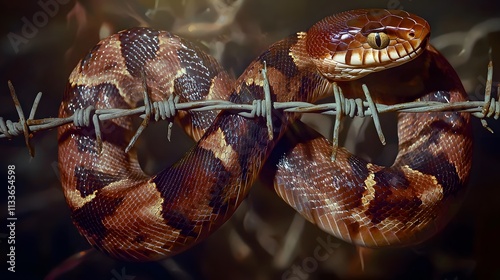 abstract double exposure showing a snake intertwined with barbed wire, suggesting both entrapment and danger. [Poisonous snake]:[Danger] 