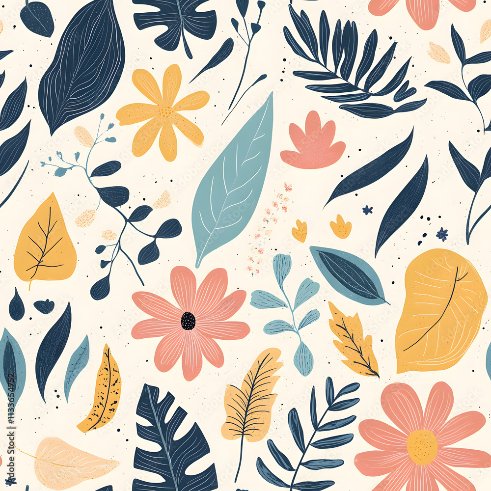 Fototapeta premium floral flower and leaf elements modern doodle illustrator seamless pattern for wallpaper or background