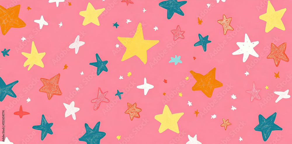 A colorful pattern of stars on a pink background, ideal for festive or playful designs. A colorful pattern of stars on a pink background, ideal for festive or playful designs.