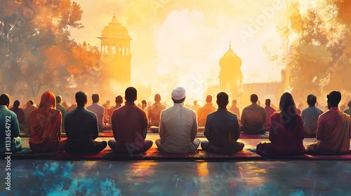A serene image of a multi-faith prayer gathering, with people of different religions sitting together in meditation or prayer 
