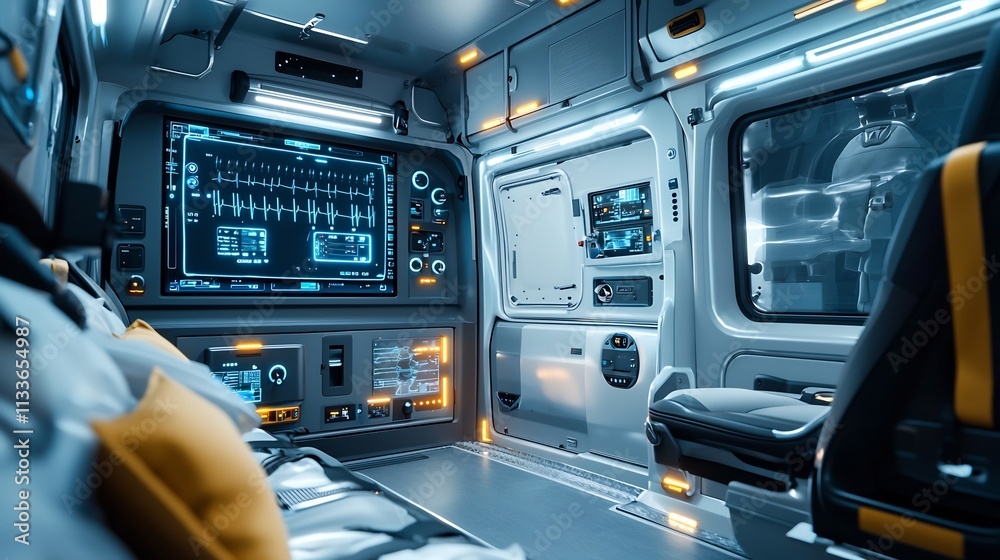 A photograph showcasing the futuristic interior of an ambulance featuring a holographic virtual twin simulation of a patient s vital signs connected to a glowing network of nodes A photograph showcasing the futuristic interior of an ambulance featuring a holographic virtual twin simulation of a patient s vital signs connected to a glowing network of nodes