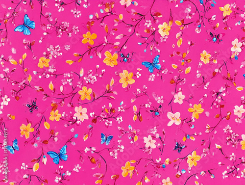 A vibrant pink floral pattern featuring butterflies and blossoms. photo