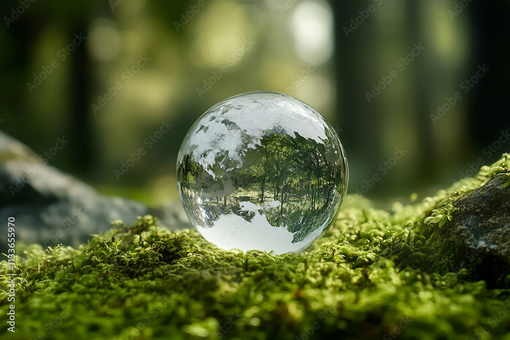 Crystal Globe Resting on Green Moss in a Forest, Symbolizing Environmental Protection and Sustainability, Perfect for Earth Day Crystal Globe Resting on Green Moss in a Forest, Symbolizing Environmental Protection and Sustainability, Perfect for Earth Day